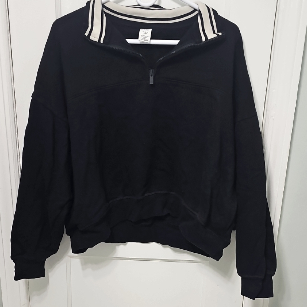 Victorias Secret Pink Black Quarter-Zip Pullover with Striped Collar